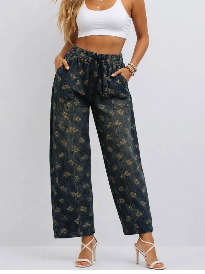 Elastic Waist Barrel Leg Denim Easy Pants
