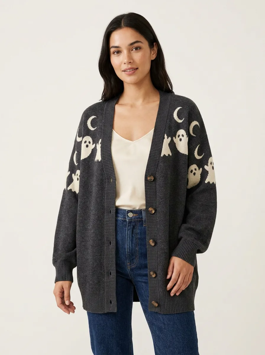 Women's Halloween Ghost Moon Pattern Knitted Cardigan