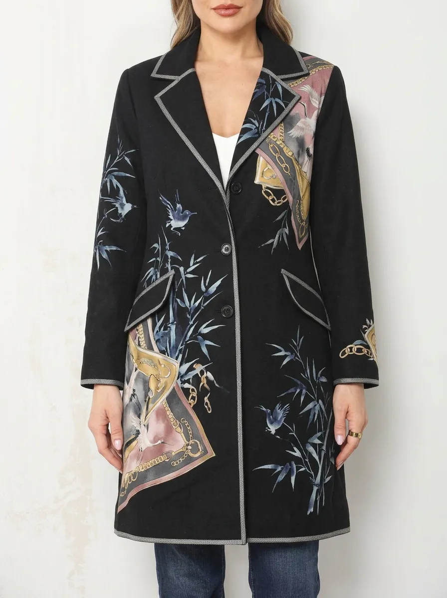 Women's Oriental Crane Bamboo Chain Printed Blazer Coat