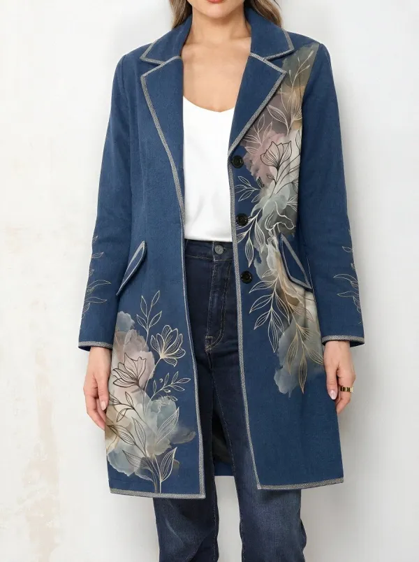 Women's Floral Watercolor Botanical Printed Long Blazer