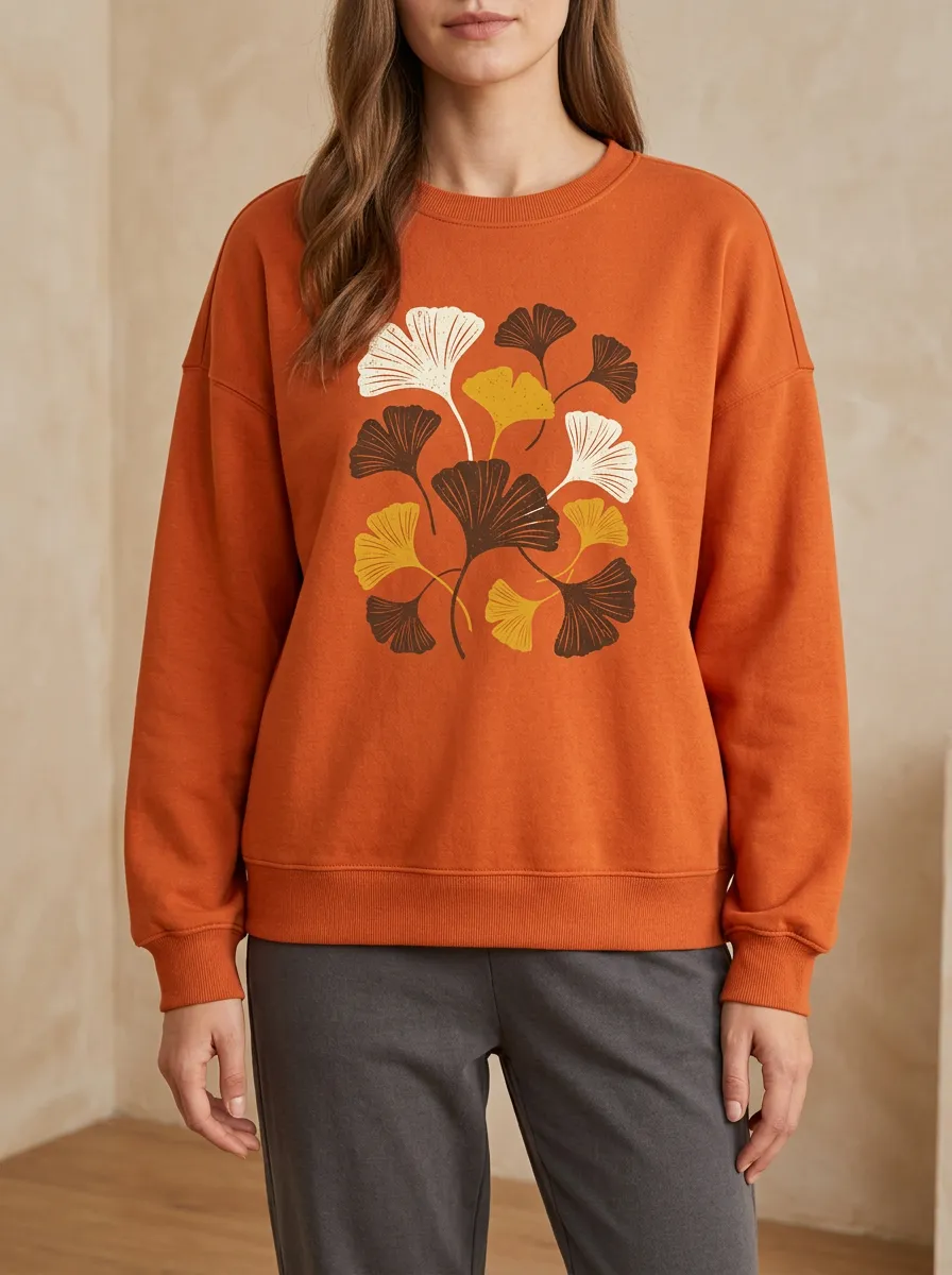 Ginkgo-Leaf Printed Leaf-Motif Graphic Sweatshirt