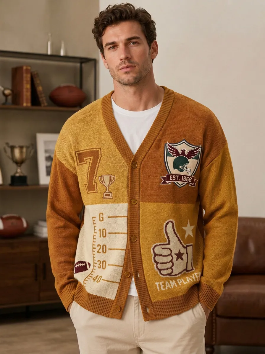 Men's Football Patchwork Knit Knit Cardigan