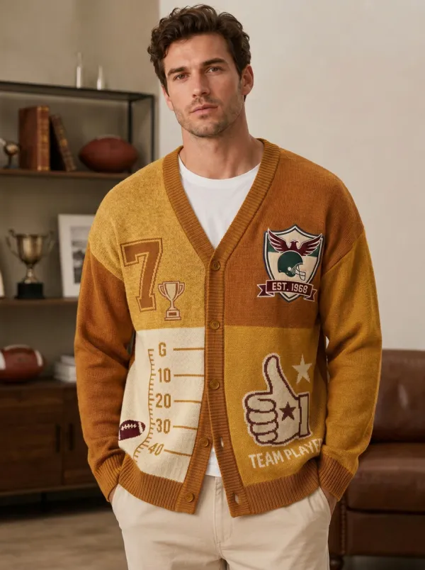 Men's Football Patchwork Knit Knit Cardigan