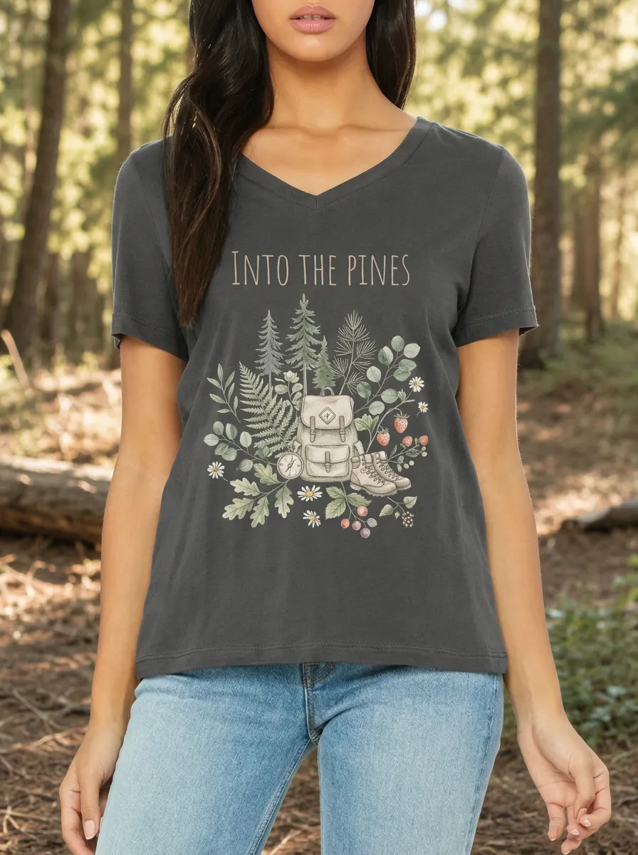 Women's Hiking Nature Lover Into The Pines Backpack Printed T-shirt