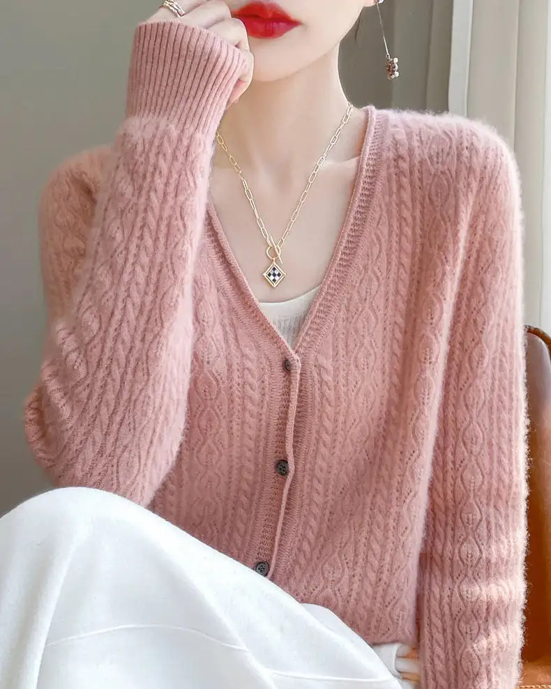 Merino-Wool Wool Button-Front V-Neck Cardigan