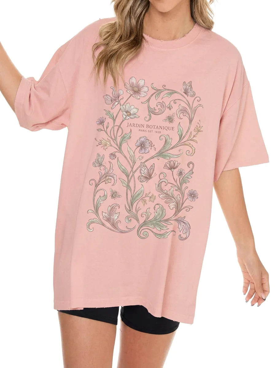 Women's Botanical Garden Butterfly Floral Printed T-shirt