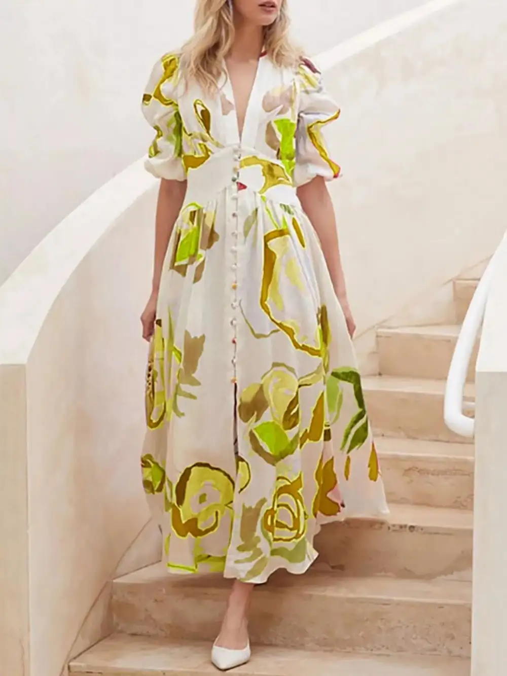 Full Size Abstract Puff Sleeve Midi Dress Plus Size