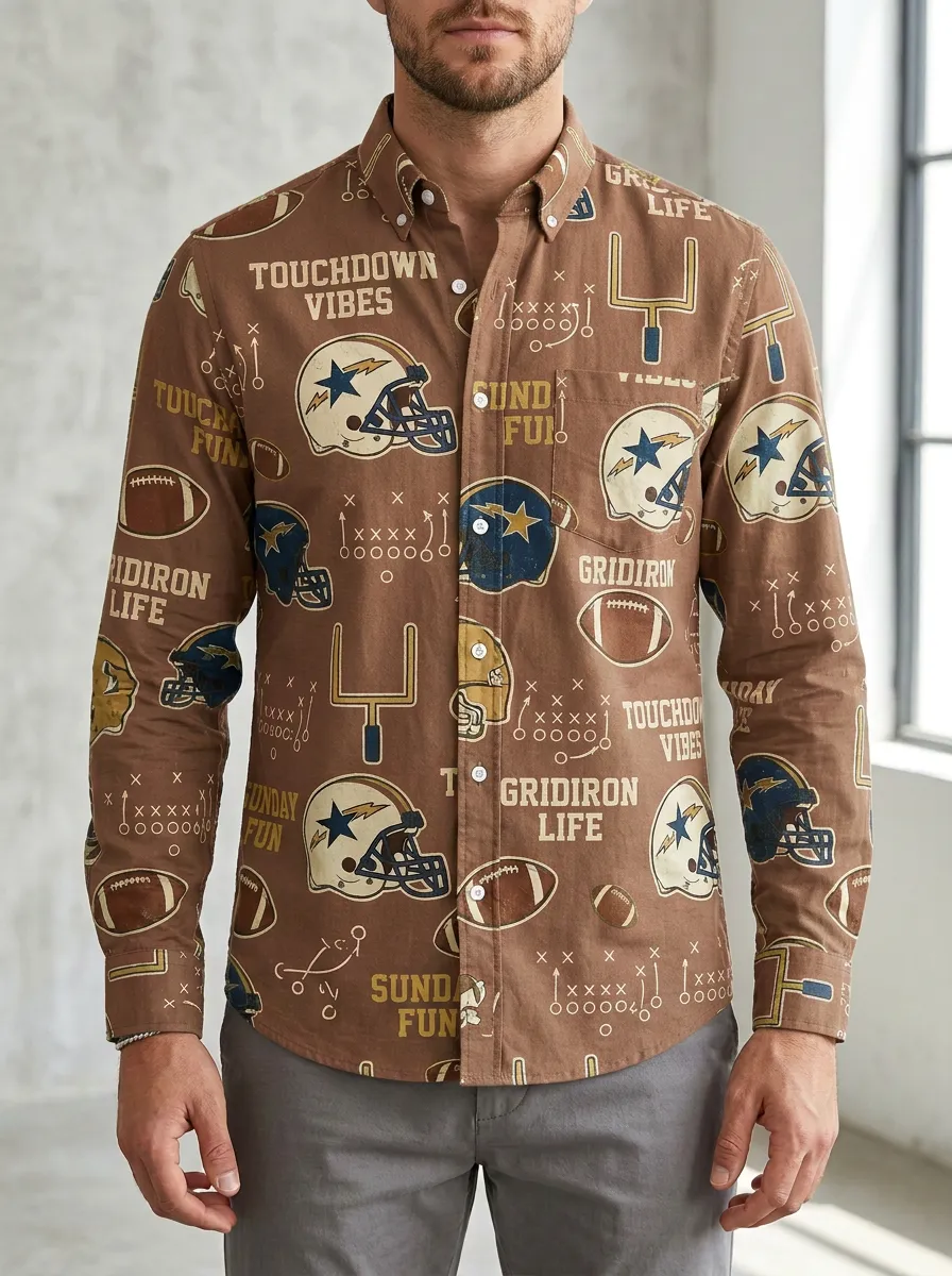 Men's Football Lover Gridiron Helmet Printed Button-Down Shirt