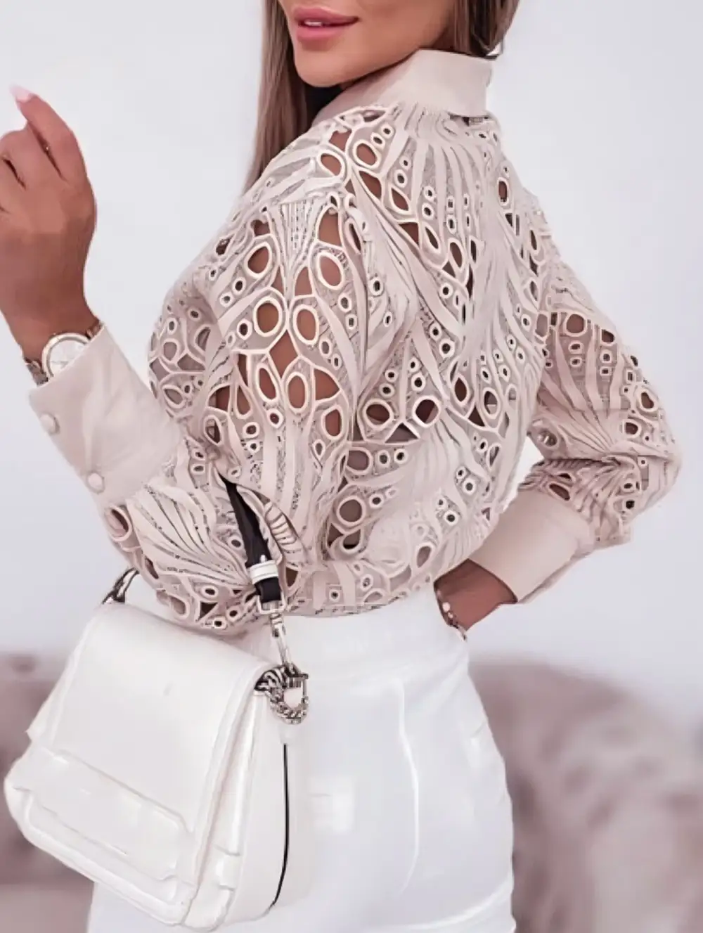 Lace Openwork Long Sleeve Blouse