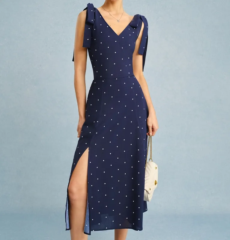 Navy Polka Dot Slit Midi Skirt