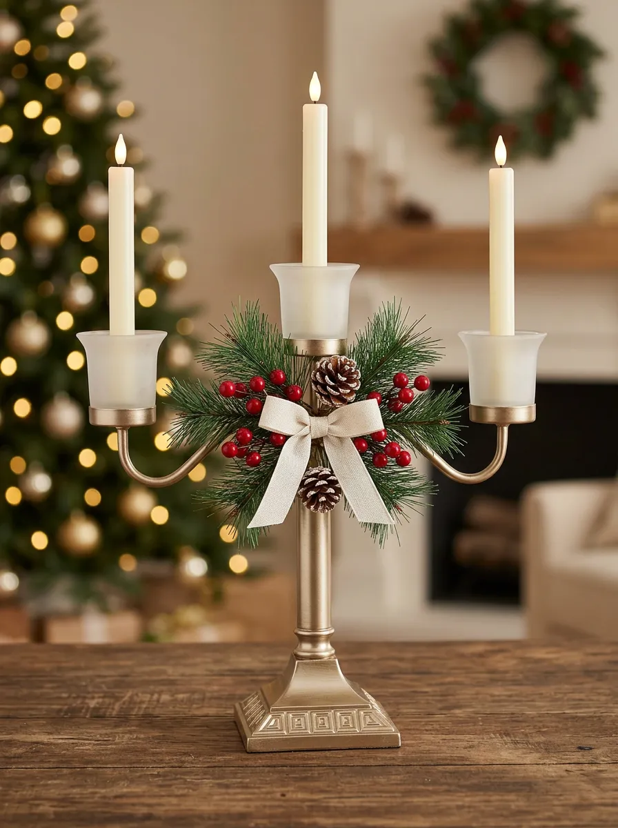 Seasonal Pinecone Berry Bow Candle Holder