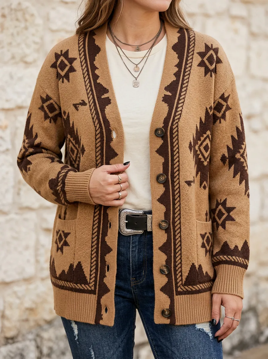 Women's Western Style Aztec Geometric Pattern Printed Cardigan Sweater