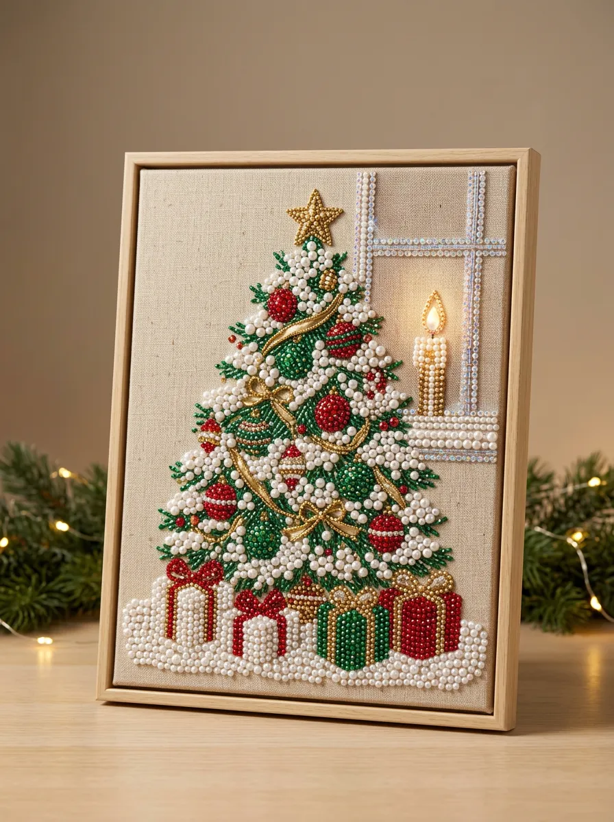Christmas Xmas Tree Candle Printed Pearl Art