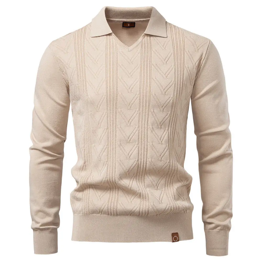 Men's Fine Knit Polo Sweater With V-Neck Zigzag Pattern And Classic Collar