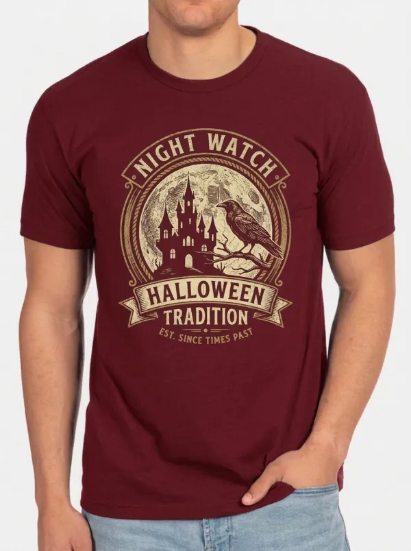 Men's Halloween Night Watch Raven Castle Printed T-shirt