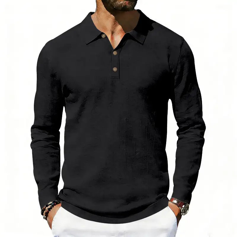Men's Long-Sleeve Polo Shirt Cotton Gauze With A Shirt Collar Three-button Placket And Relaxed Fit