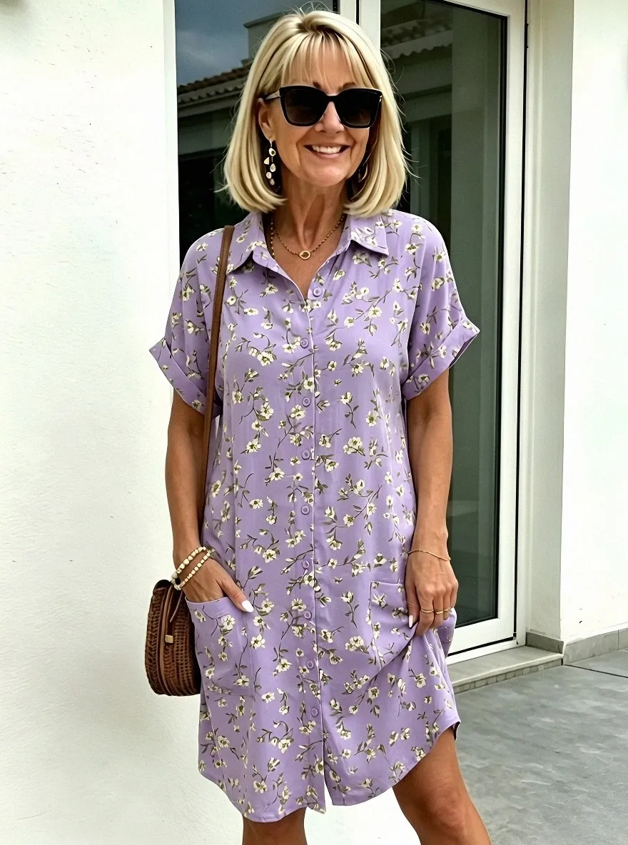 Women's Summer Vacation Sage Green Floral Printed Shirt Dress