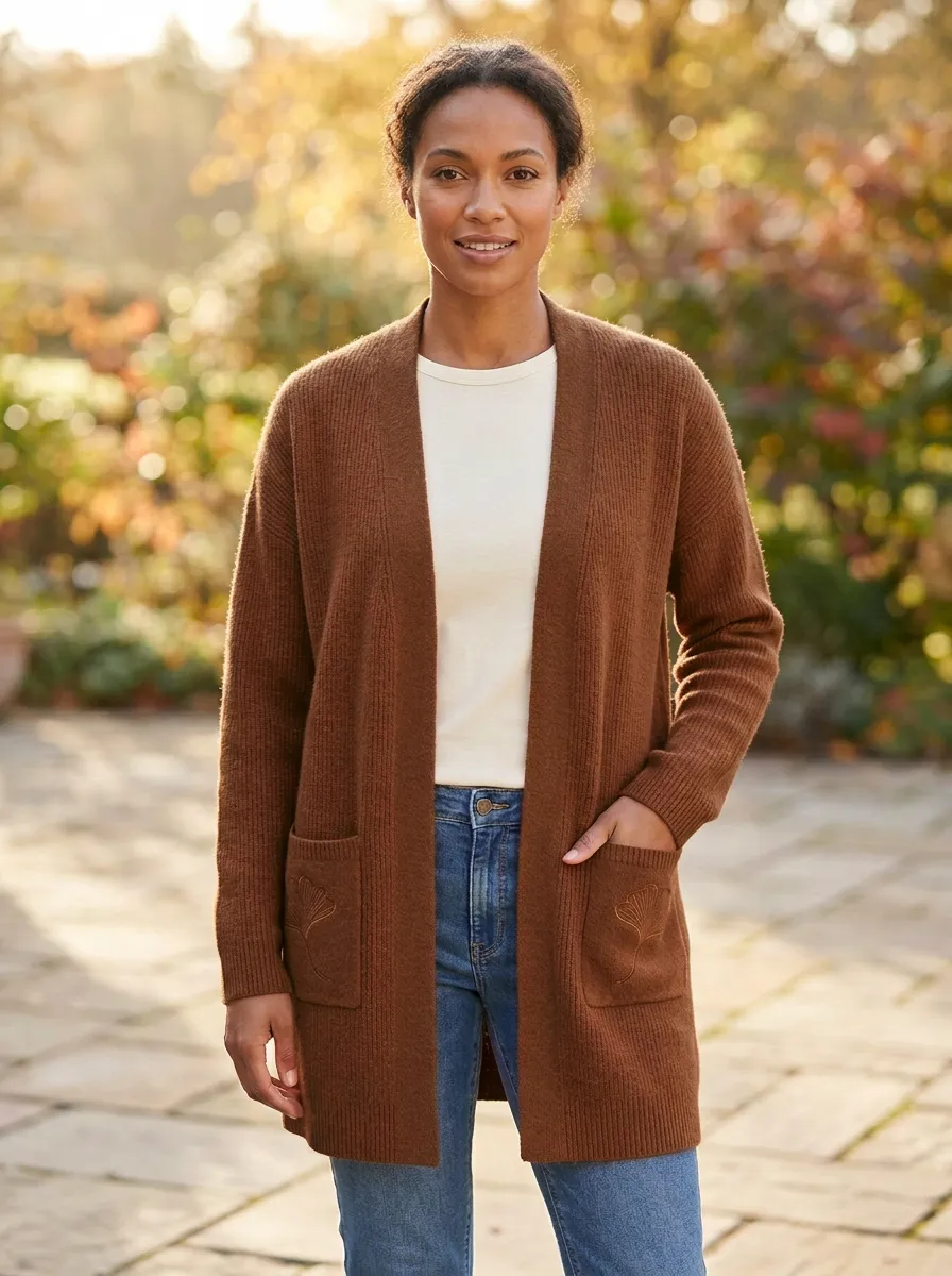 Ginkgo-Leaf Embroidered Leaf-Motif Knit Cardigan