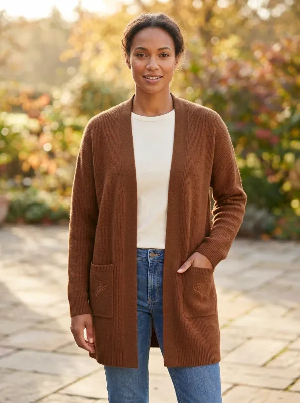 Ginkgo-Leaf Embroidered Leaf-Motif Knit Cardigan