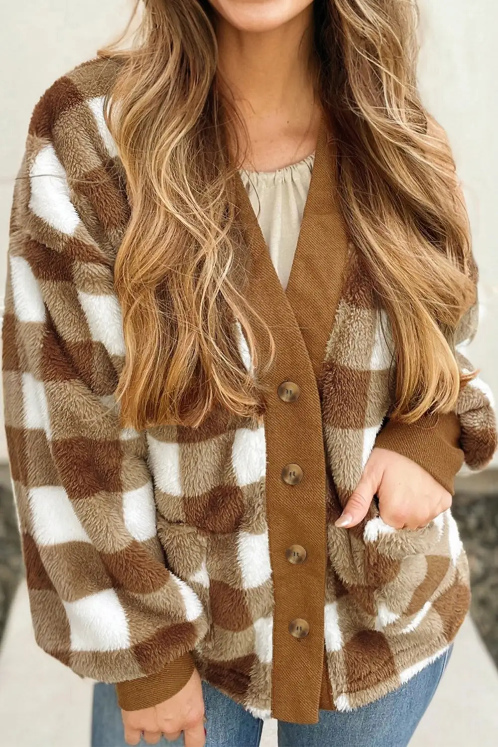 Checkered Sherpa Loose Knit Pocketed Cardigan