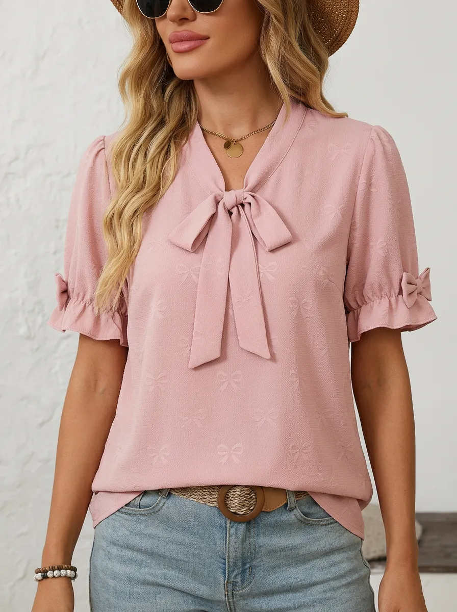 Women's Pink Bowknot Pattern Printed Short Sleeve Blouse