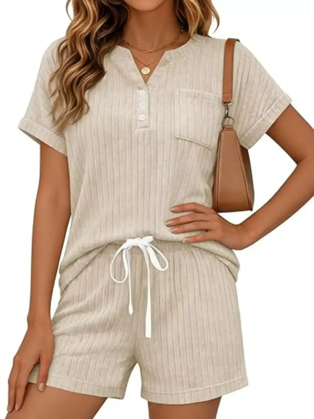 Casual Ribbed Knit Tee Shorts Set