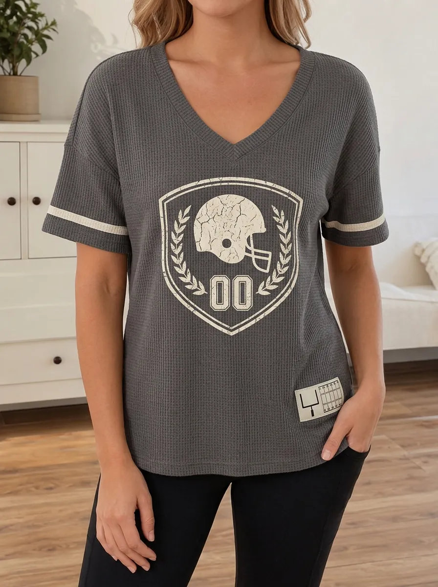 Women's Varsity Football Fan Helmet Shield Printed Waffle Knit Top