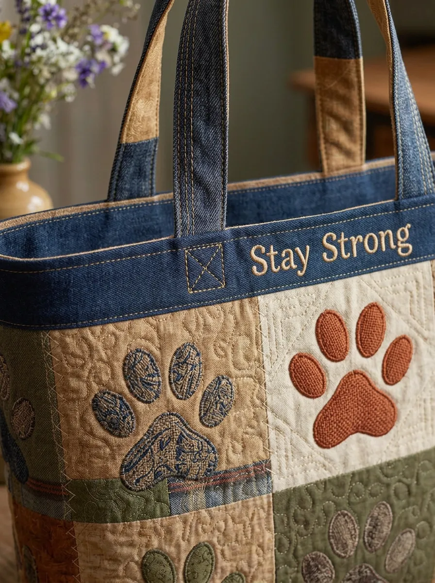 Dog Lover Stay Strong Paw Print Quilted Printed Tote Bag