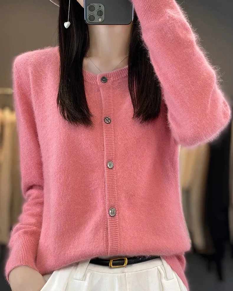 Classic Mink-Cashmere Cashmere Button-Front Crew-Neck Cardigan