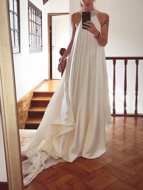 Pearl Embellished Halterneck Satin Maxi Dress