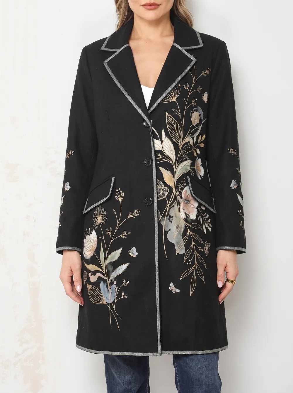 Women's Botanical Butterfly Printed Long Blazer Coat