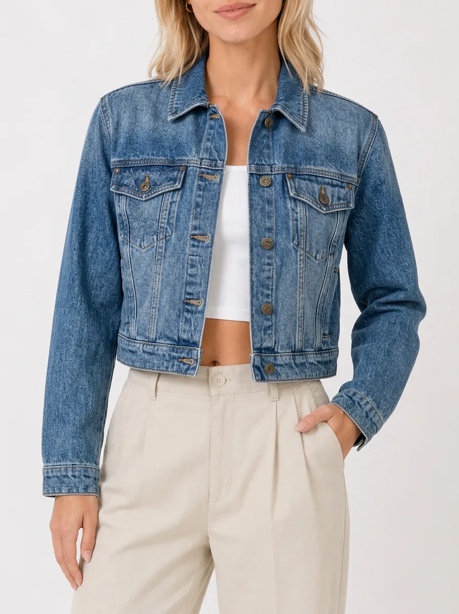 Women's Vintage Floral Embroidered Blue Denim Jacket