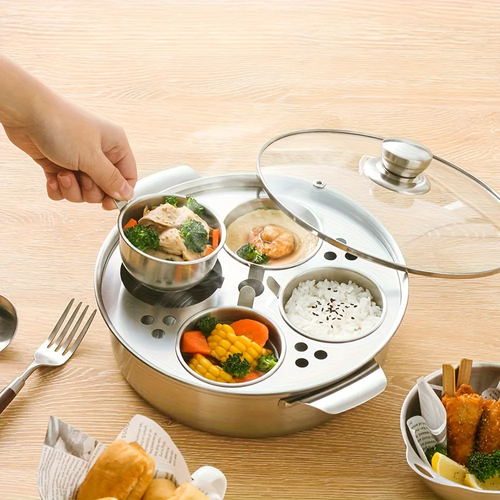 Versatile Stainless Steel Meal Warmer with Removable Bowls, Home Kitchen Helper for Multi-Dish Serving