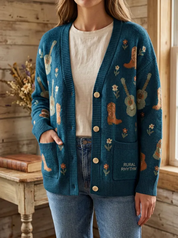 Guitar Cowboy-Boot Floral Women's Country Music Casual Cardigan