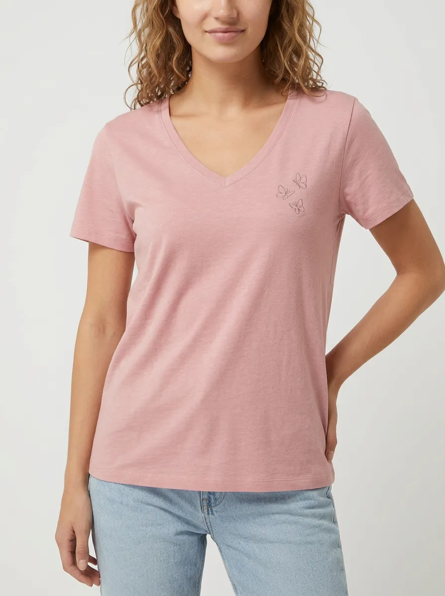 Women's Butterfly Lover Pink Embroidered V-neck T-shirt