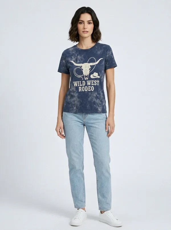 Wild West Rodeo Cow Skull Printed Tie-Dye T-shirt