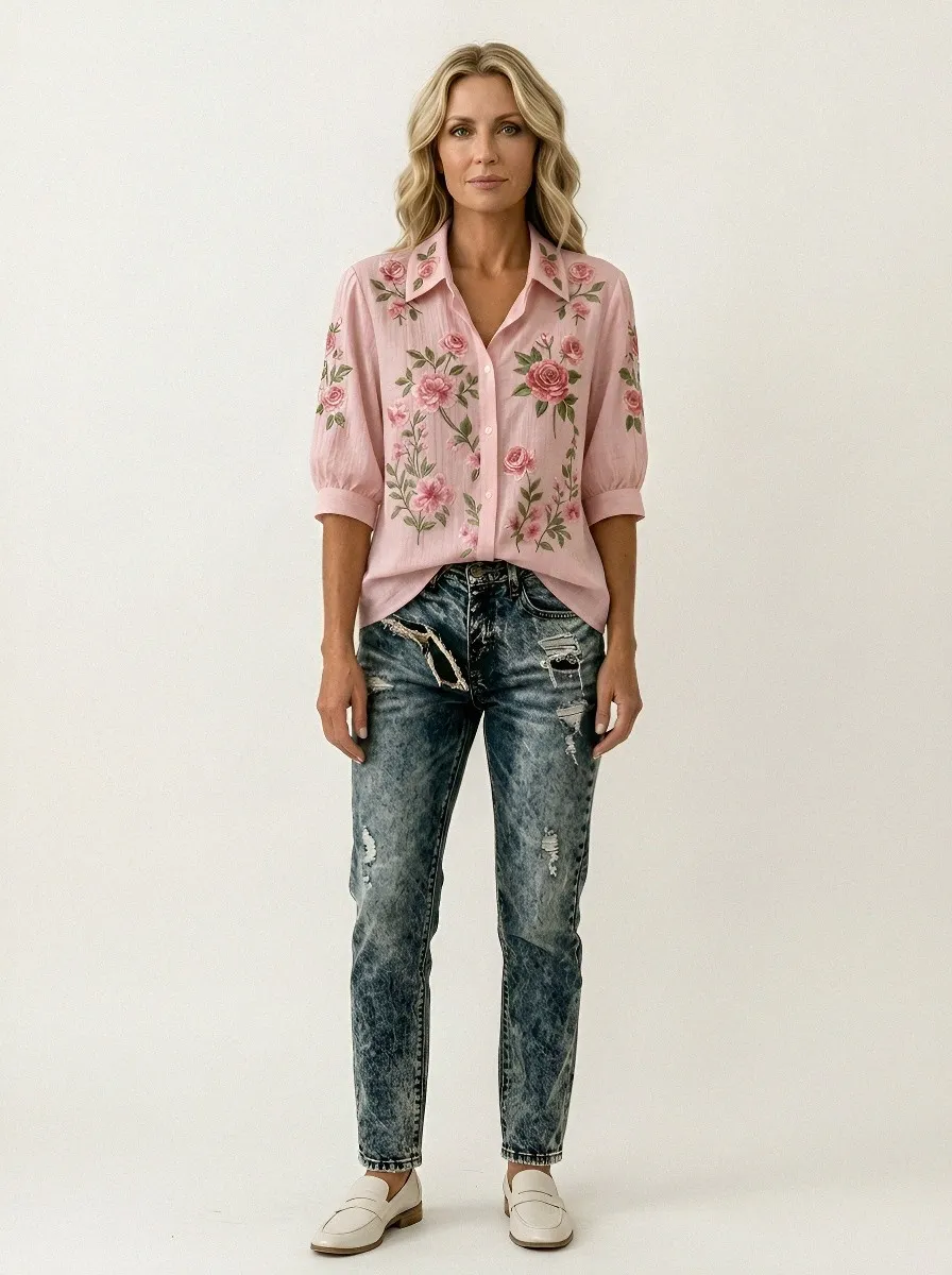 Women's Breast Cancer Awareness Pink Rose Floral Embroidered Button-up Shirt