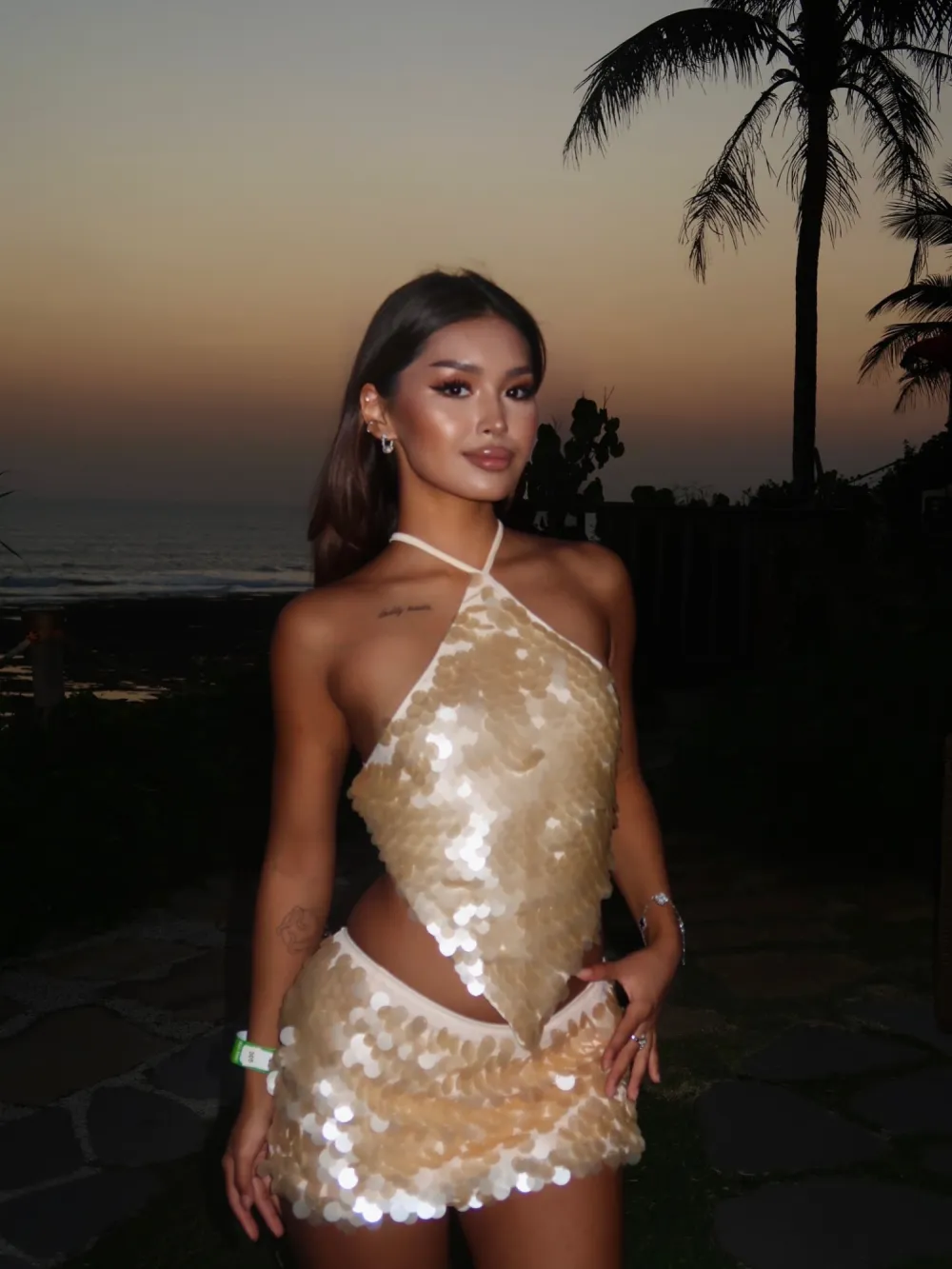 Sienna Paillette Halter Two Piece Mini Skirt Set in Gold