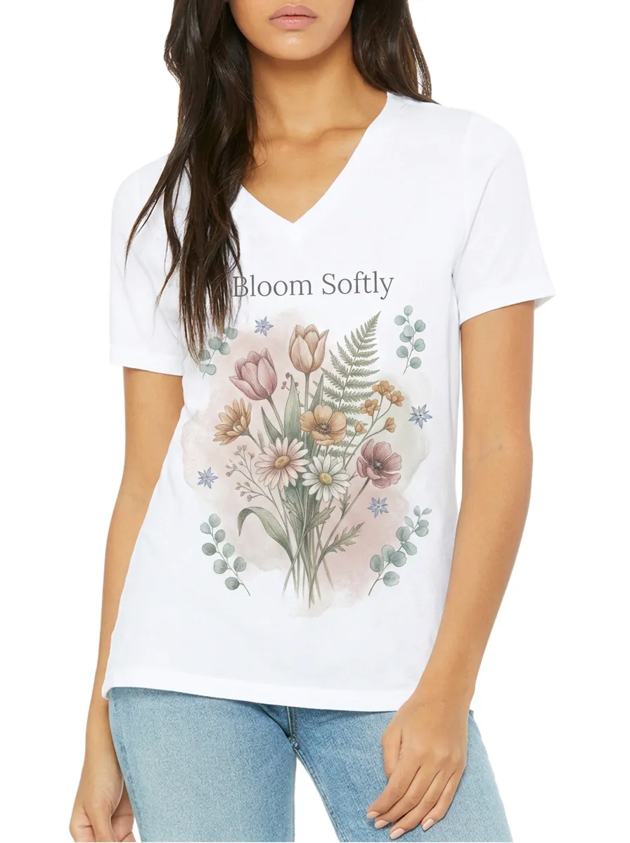 Women's Bloom Softly Floral Bouquet Watercolor Printed V-neck T-shirt