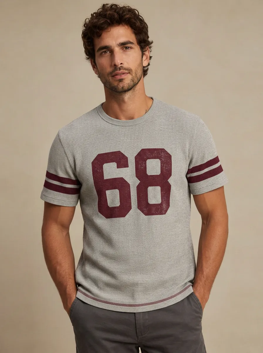 Men's Vintage Sporty Number 68 Striped Sleeve Printed Waffle T-shirt