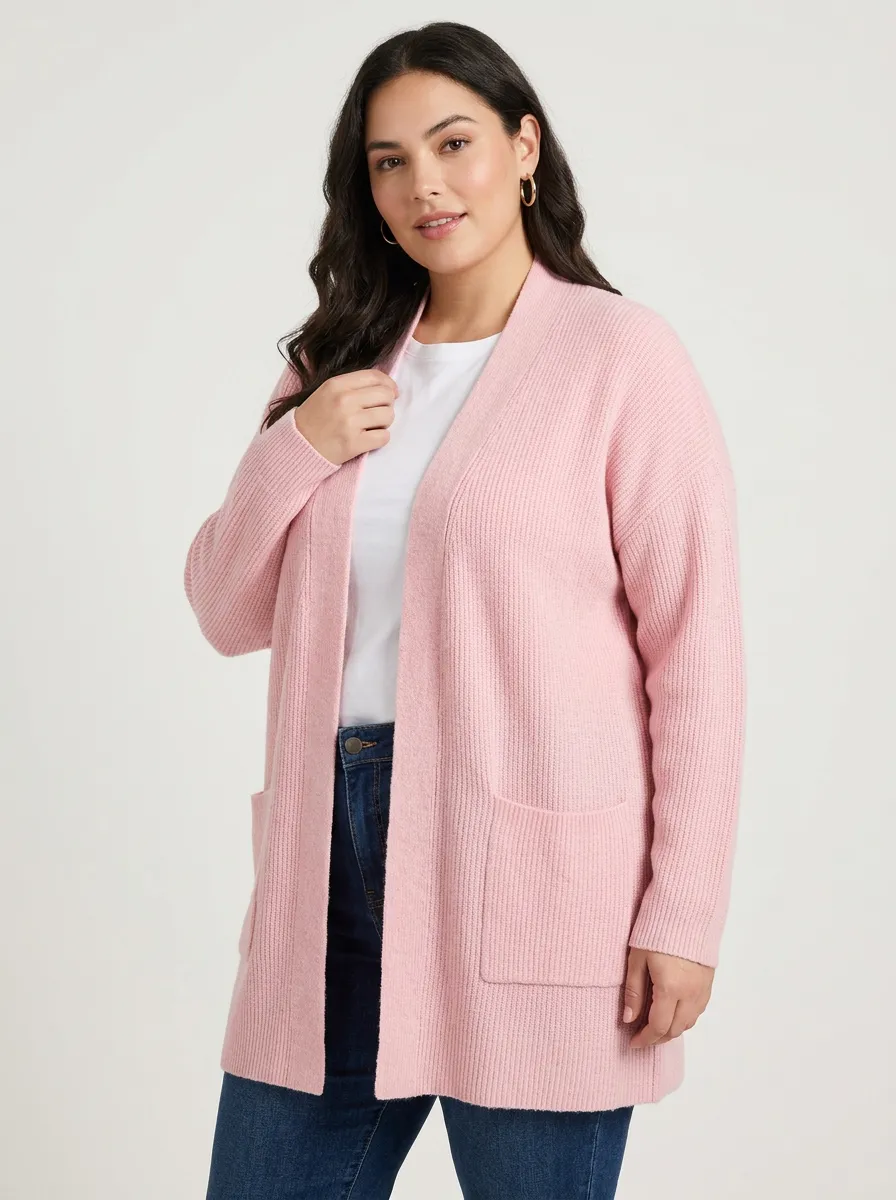 Women's Casual Pink Ribbed Open Front Knit Cardigan