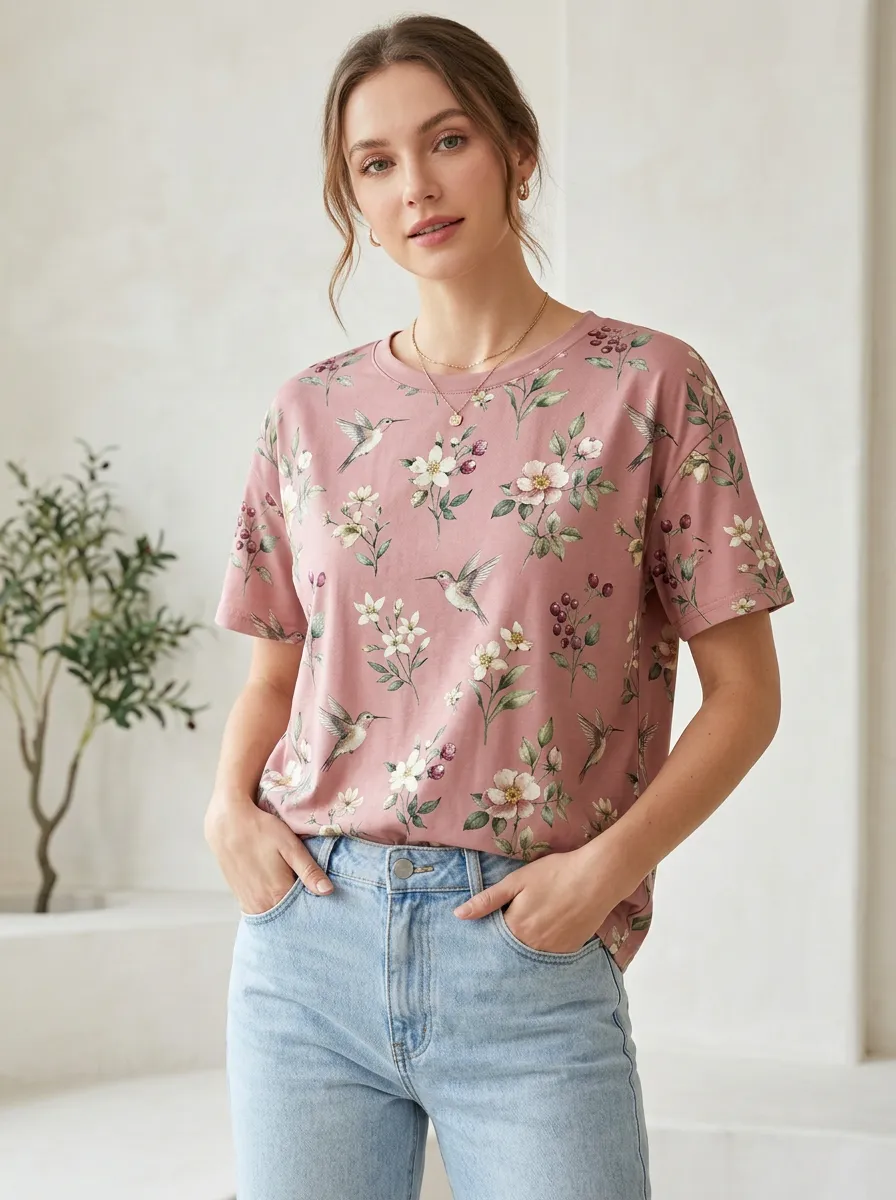 Hummingbird Floral Women's Loose Printed T-Shirt