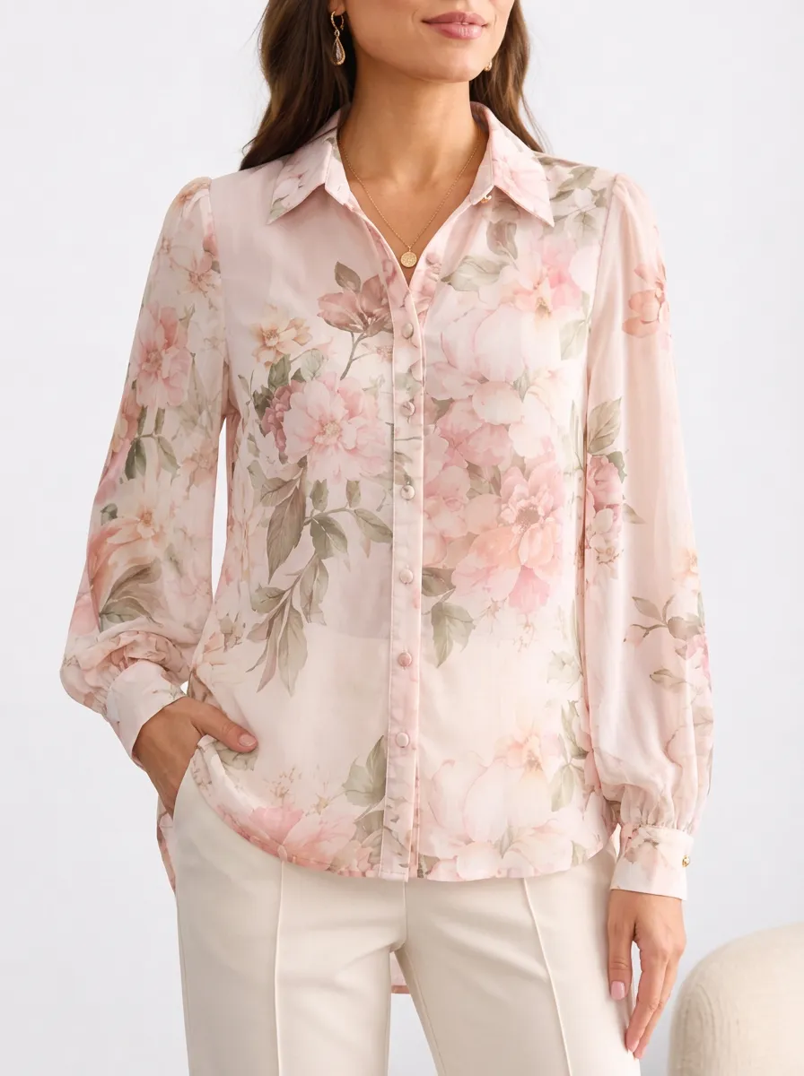 Women's Floral Pattern Pink Peony Printed Button-down Shirt