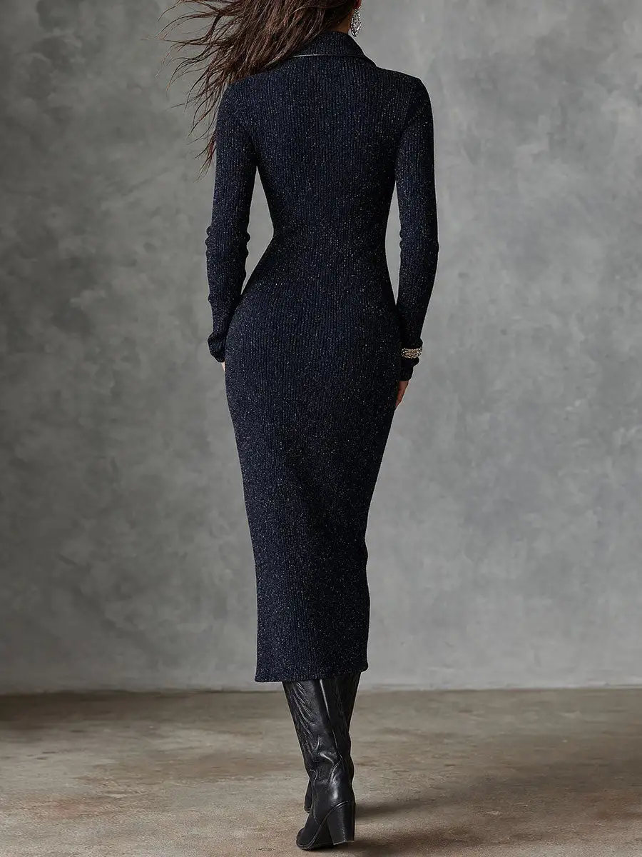 Retro Shiny Front Zipper Ribbed Knit Midi Dress Featuring Slit Hem