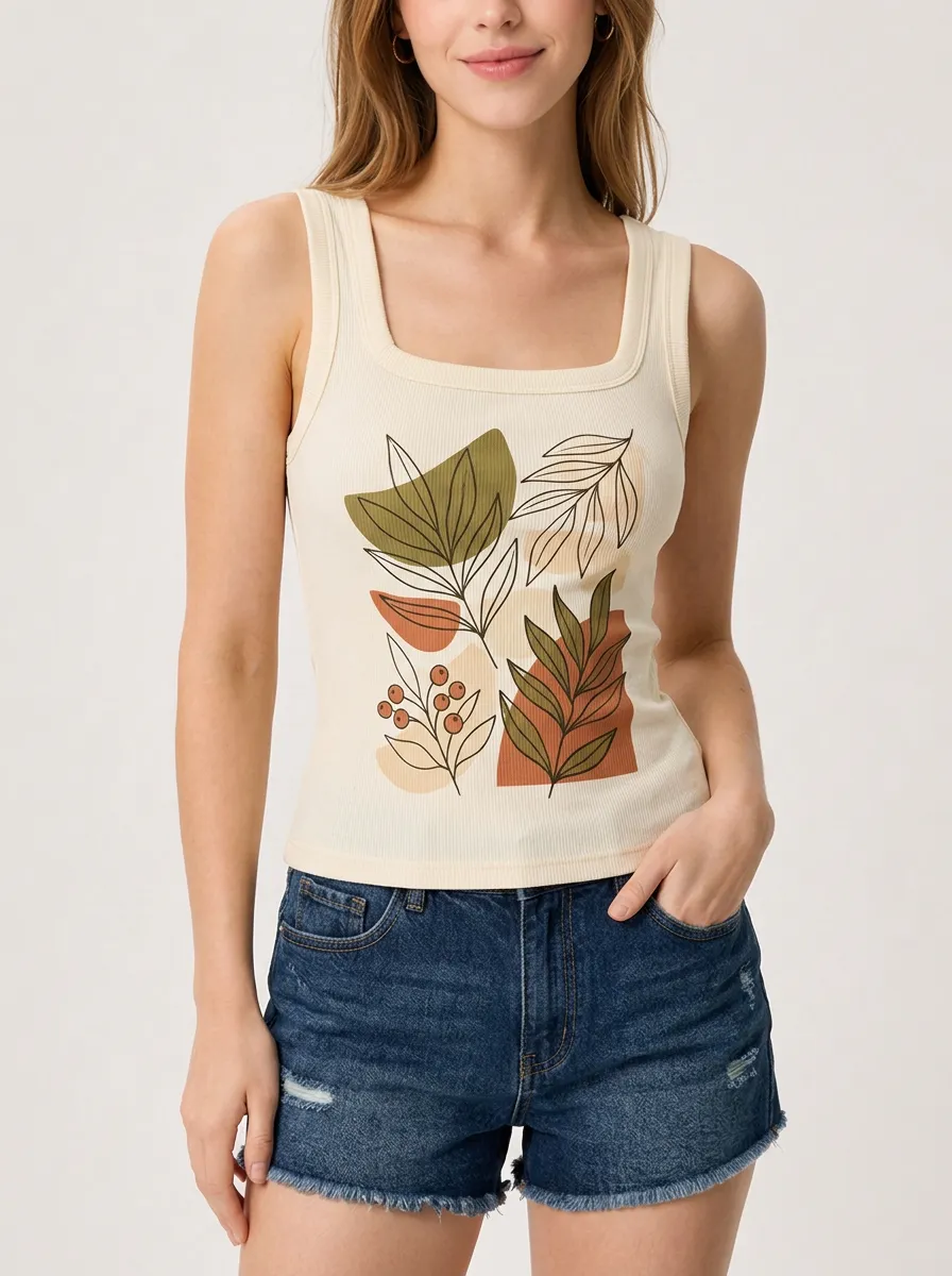 Women's Botanical Art Abstract Leaves Printed Ribbed Tank Top