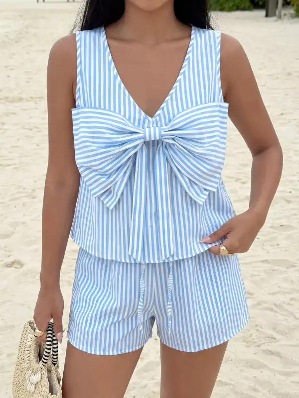 Striped Bowknot Sleeveless Top Shorts Set