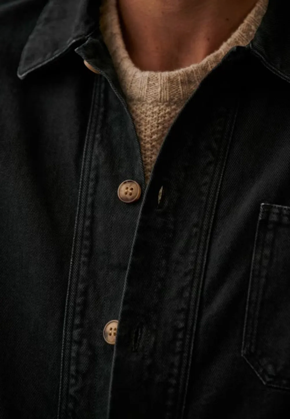 Black Washed Denim Button Front Utility Jacket