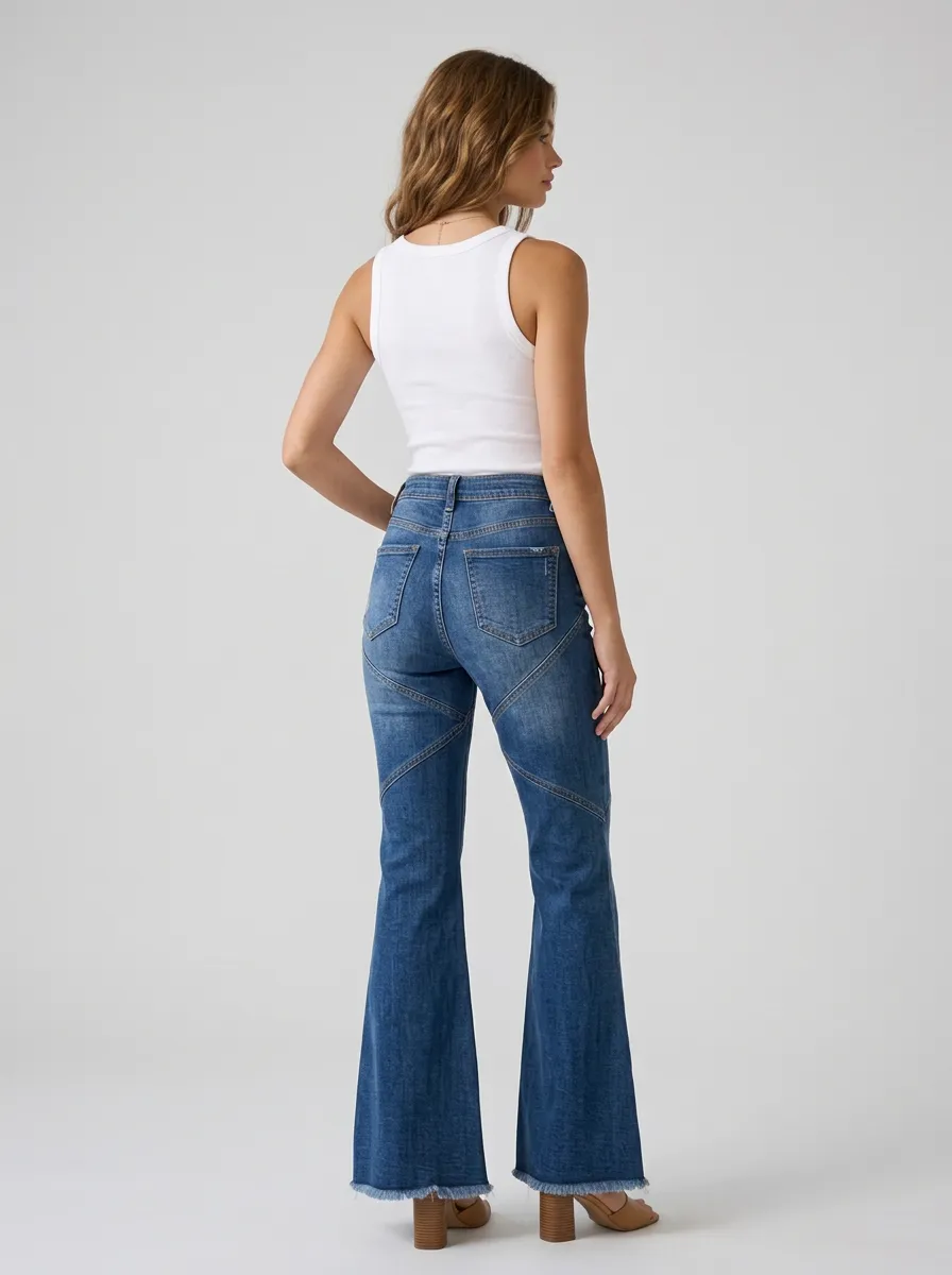 Women's Vintage Style Paneled High-Rise Frayed Hem Flare Jeans