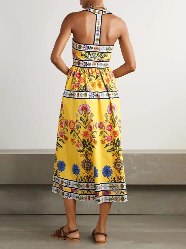 Satin Floral Print Racerback With Pockets Midi Dress