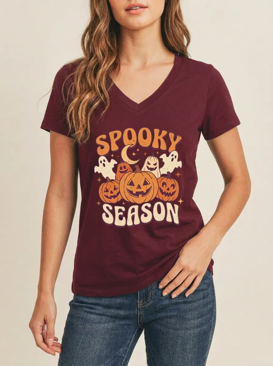 Women's Halloween Spooky Season Pumpkin Ghost Printed V-neck T-shirt